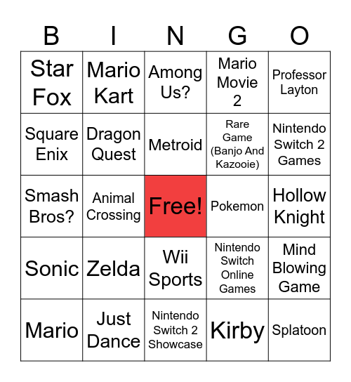 Nintendo Direct Bingo Card