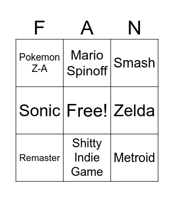 NINTENDO DIRECT Bingo Card