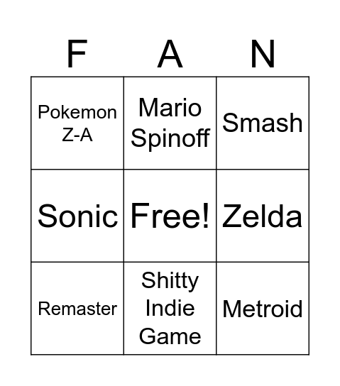 NINTENDO DIRECT Bingo Card