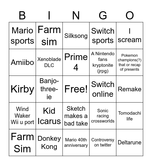 Nintendo Direct Bingo Card