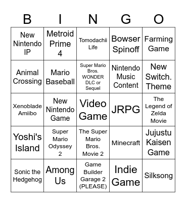 Nintendo Direct 27/03/2025 Bingo Card