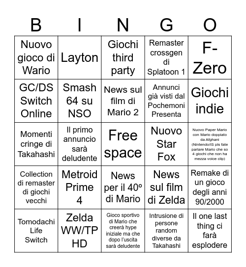 Nintendo Direct Bingo Card
