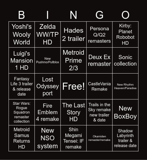 Nintendo Direct 27.03.25 Bingo Card