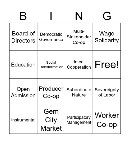 Cooperative Bingo Card