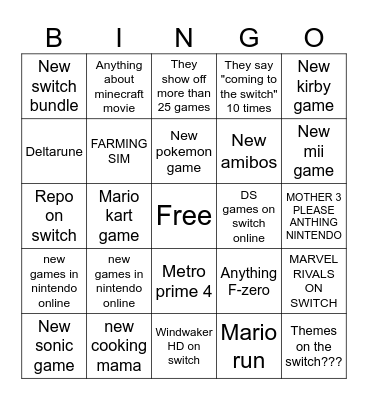 Nintendo dircets Bingo Card