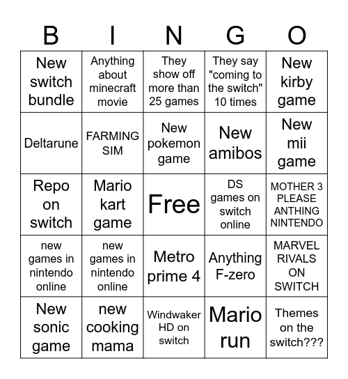 Nintendo dircets Bingo Card