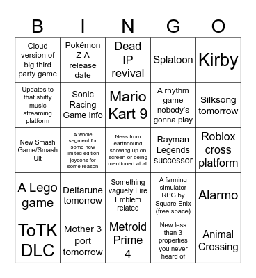 Nintendo Direct Bingo Card