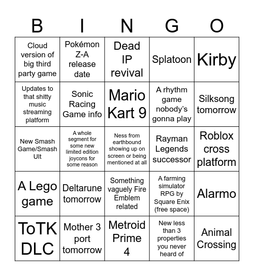 Nintendo Direct Bingo Card