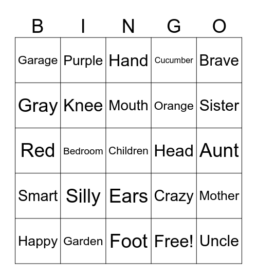 English words Bingo Card