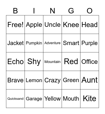 English words Bingo Card