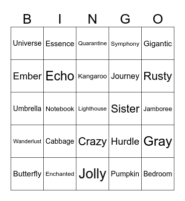 English words Bingo Card