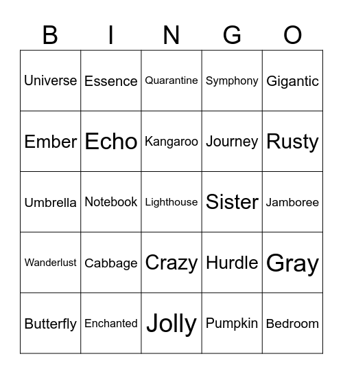 English words Bingo Card