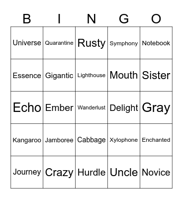 English words Bingo Card