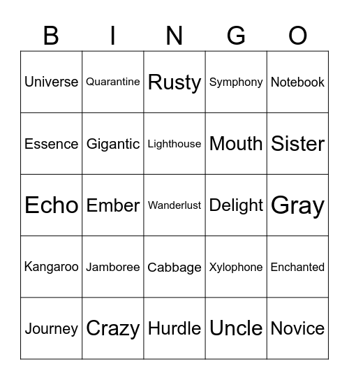 English words Bingo Card