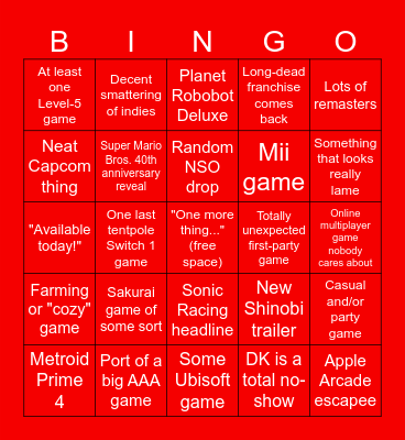 Nintendo Direct (March 27th, 2025) Bingo Card