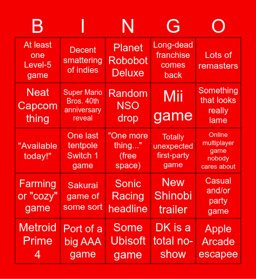 Nintendo Direct (March 27th, 2025) Bingo Card
