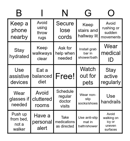 Fall Risk BINGO Card