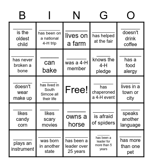 Flathead 4-H Leader Bingo Card