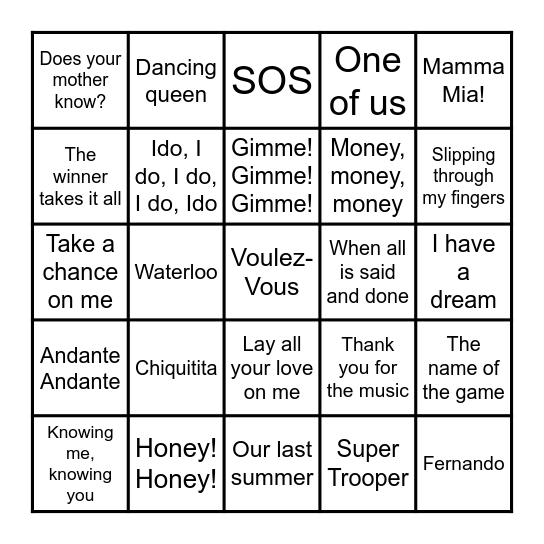 Mamma Mia Bingo Card