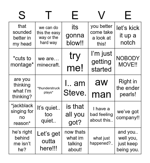 A Minecraft Movie Bingo Card