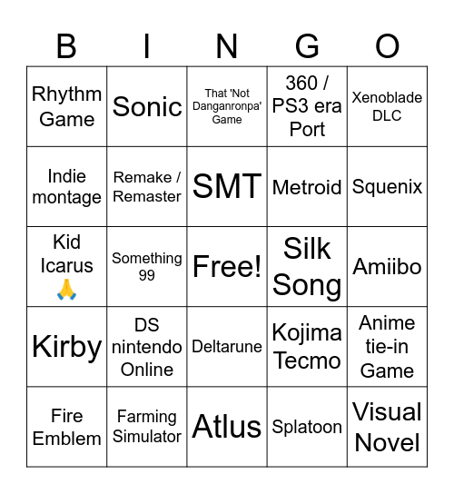 Nintendo Direct 3/27 Bingo Card