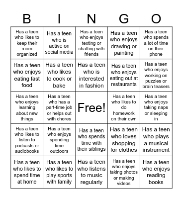 Teen Bingo Card
