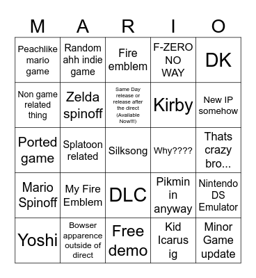 nintendo direct Bingo Card