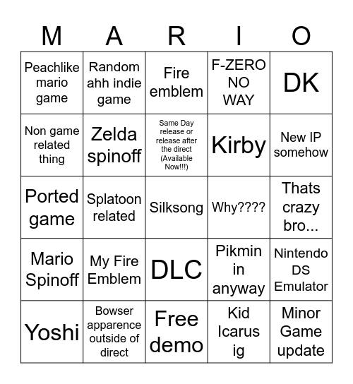 nintendo direct Bingo Card