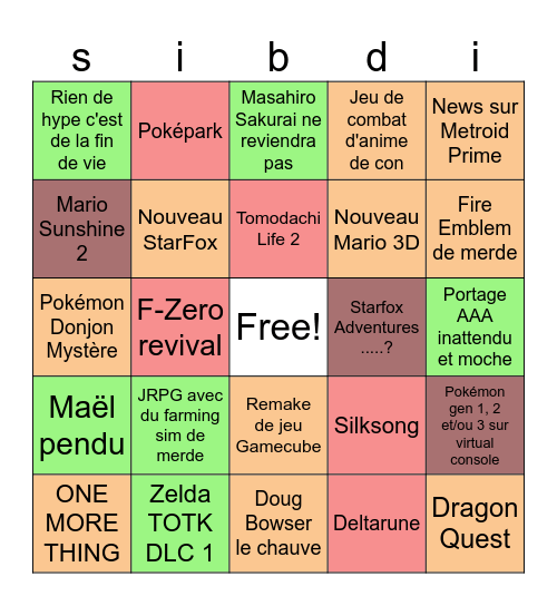 NINTENDO DIRECT NINA Bingo Card