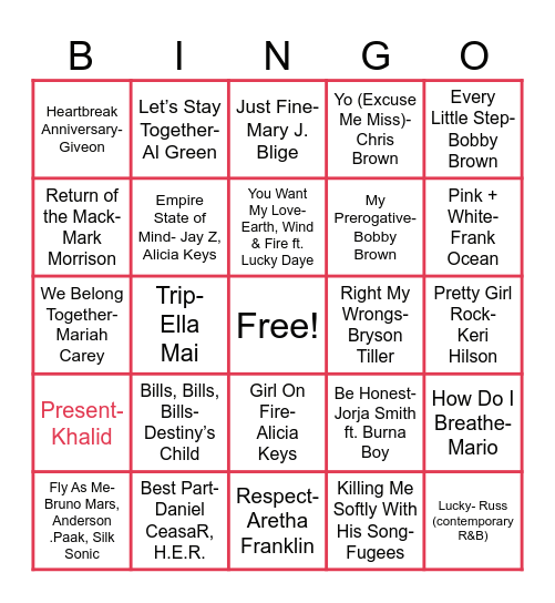 R&B MUSIC Bingo Card