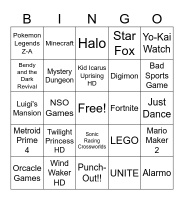 Nintendo Direct Bingo Card
