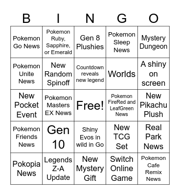 Pokemon Direct Bingo Card