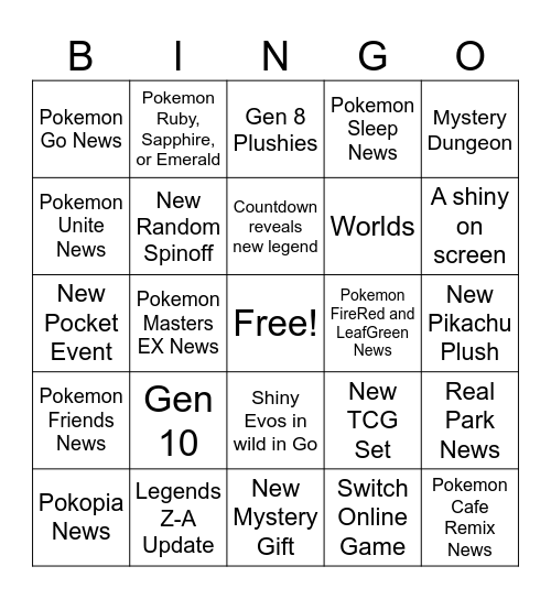 Pokemon Direct Bingo Card