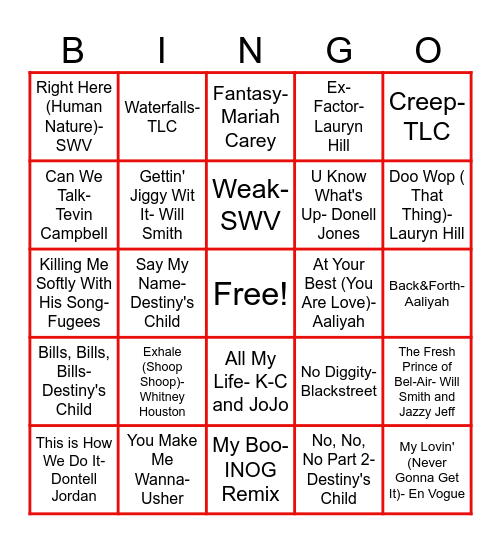 90's R&B Bingo Card