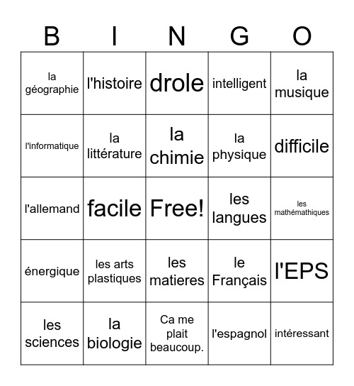 French 1, Chapter 4, Vocabulary 1 Bingo Card