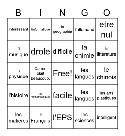 French 1, Chapter 4, Vocabulary 1 Bingo Card
