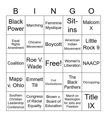 Social Movements Bingo Card
