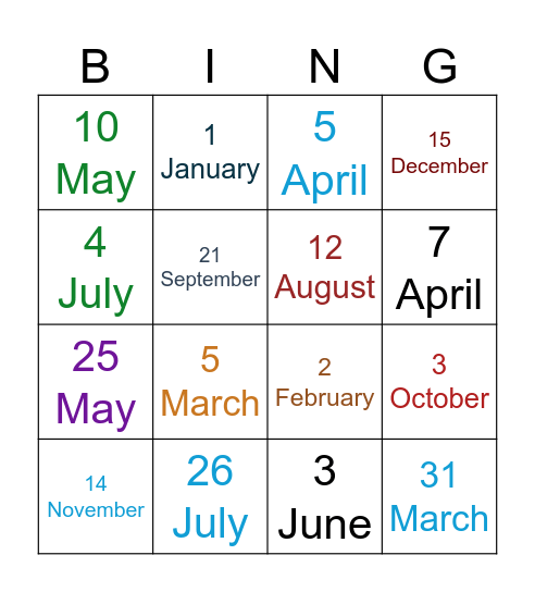 Ordinal Numbers Bingo Card