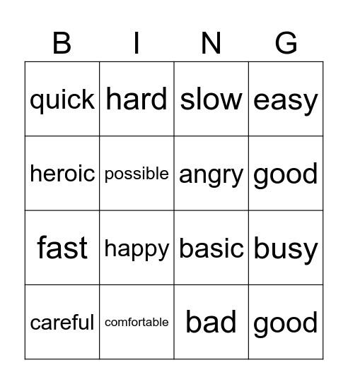 Adverbs Bingo Card