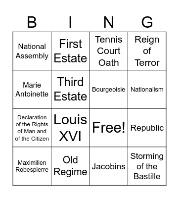 French Revolution Bingo Card