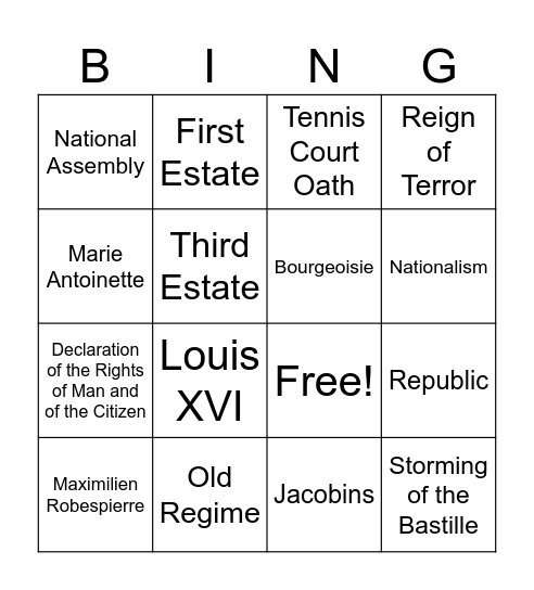 French Revolution Bingo Card