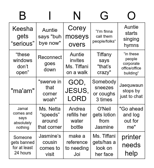 Aint no sunshine when she's gone Bingo Card