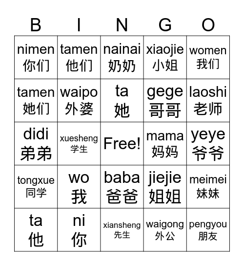 persons， family members Bingo Card