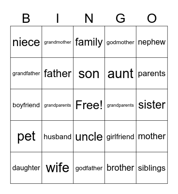 My family Bingo Card