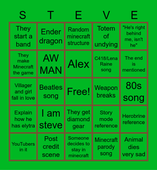 A MINCERAFT MOVIE Bingo Card