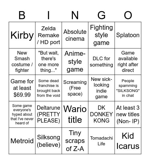 2025 Nintendo Direct(s) Bingo Card