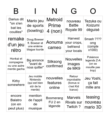 Nintendo Direct 27/03 Bingo Card