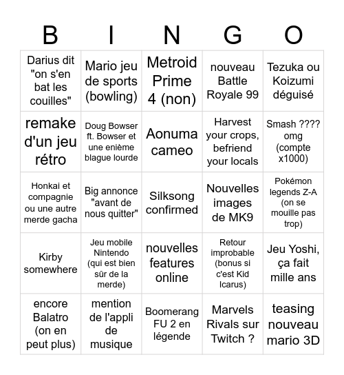 Nintendo Direct 27/03 Bingo Card