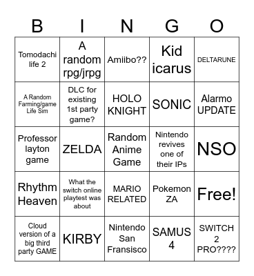 NINTENDO DIRECT MARCH 27TH 2025 Bingo Card