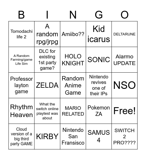 NINTENDO DIRECT MARCH 27TH 2025 Bingo Card